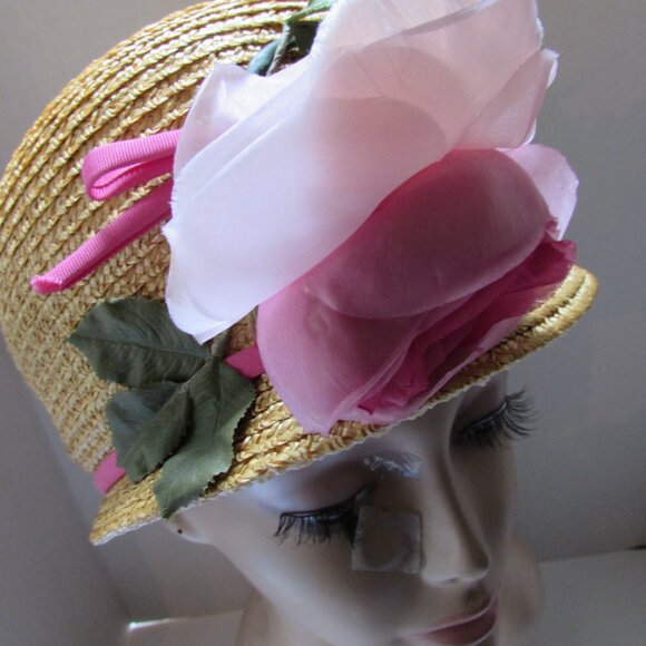 SALE Sweet Mid Century Cloche Style Straw Hat with Pink Rose main image 10